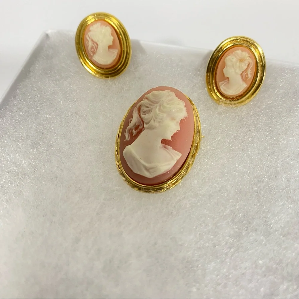 Cameo Brooch & Clip On Earrings Set Pink Ivory & Gold Tones Vintage Jewelry